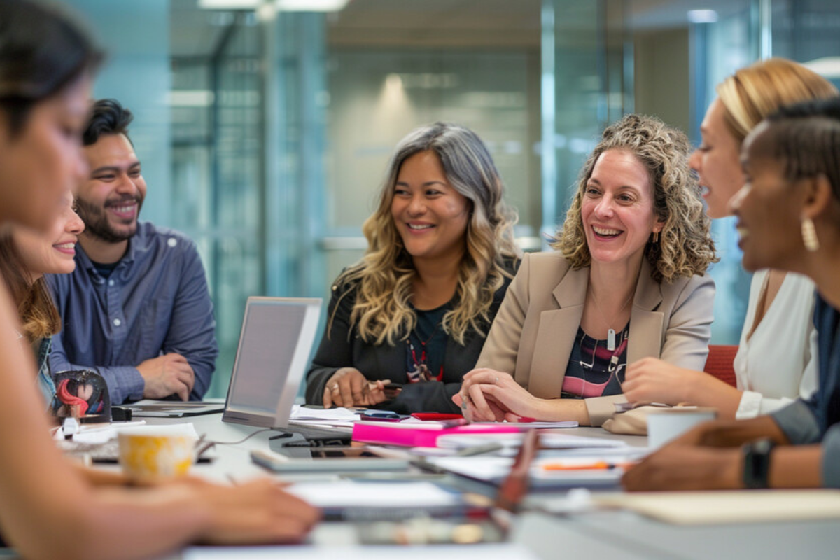 A diverse group of professionals smiling and collaborating around a table in a modern office setting.